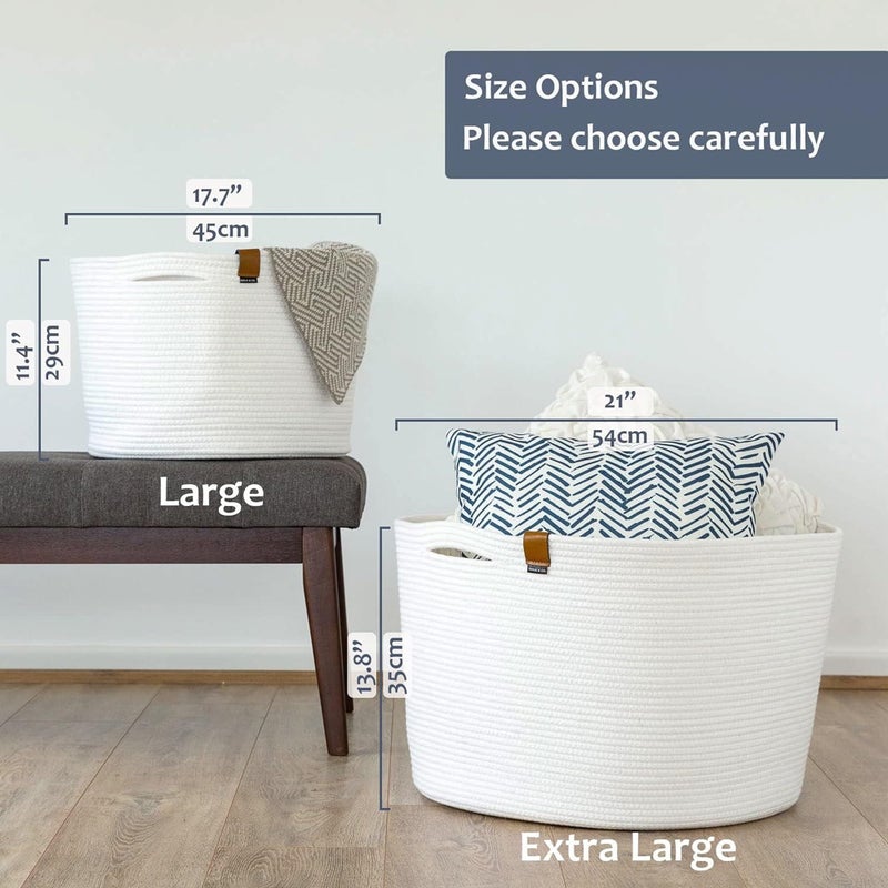 DENJA & CO Extra Large Blanket Basket for Living Room - White Farmhouse Woven Baskets for Storage | Cotton Rope Large Baskets for Blankets, Pillows, Toys, or Laundry | Ivory White (21" Wide x 13.8" Tall) - Image 5